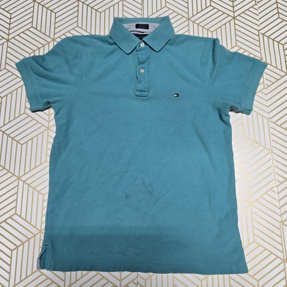 Tommy Hilfiger Men Polo Shirt Turquoise Custom Fit Logo Embroidered Work Shirt